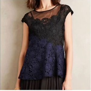 Anthropologie Deletta Garden Guise Two Tone Black/Navy Floral Lace Blouse Sz L